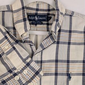 Ralph Lauren Plaid Button Down Shirt Men's Long Sleeve Cotton Cream Blue